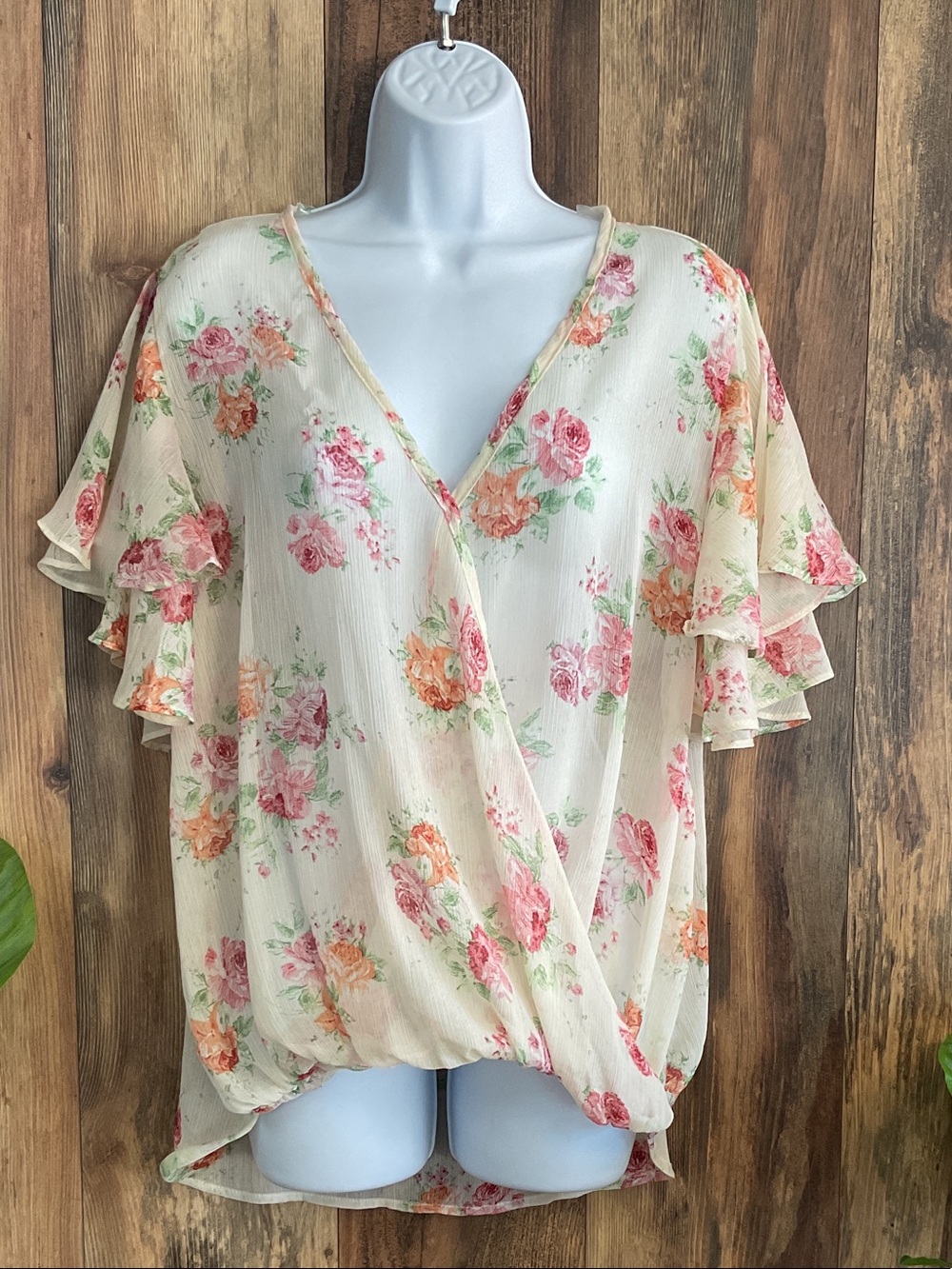 ADORA Cream Floral Wrap-Front Flutter Sleeve Blouse M 233B